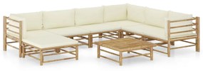 vidaXL 8 pcs conj. lounge p/ jardim em bambu c/ almofadões branco nata