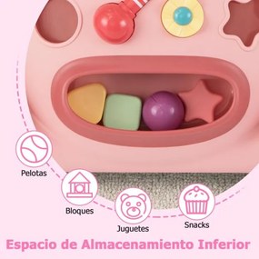 Andador Montessori bebés com Reprodutor Oval Removível Classificador de Formas Maracas Pássaro Deslizante e 2 Giradores Rosa