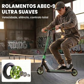 Trotinete Acrobática com Guiador 360° Rolamentos ABEC-9 Rodas de PU de 120 mm Estrutura de Alumínio 66x47x81 cm Verde