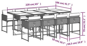 9 pcs conj. jantar jardim c/ almofadões vime PE bege misturado