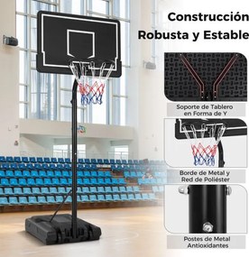 Cesto de basquetebol portátil ajustável de 2,1-2,6 m para crianças com base reenchível, tabuleiro de PC inquebrável, rodas de transporte, preto