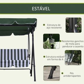 Baloiço de Jardim de 3 Lugares com Almofada Toldo Ajustável e Estrutura de Aço para Balcão Terraço 172x110x153 cm Verde