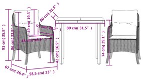 3 pcs conjunto de jantar p/ jardim com almofadões vime PE bege