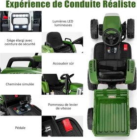 Trator elétrico infantil com reboque, 3 velocidades, luzes LED, música USB, Bluetooth e controle 2.4G, carga de 30 kg, verde militar