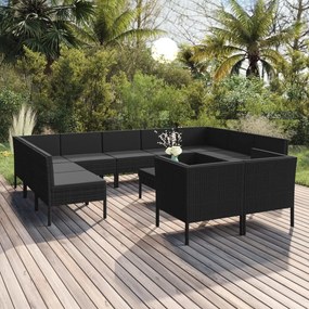 vidaXL 12 pcs conjunto lounge de jardim c/ almofadões vime PE preto