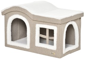 Casa Dobrável para Gatos Caverna para Gatos Grande com Tampa Removível Almofadas 2 Entradas e Janela 63,5x37x40cm Bege