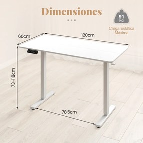 Secretária elétrica ergonómica 120 x 60 x 73-118 cm com 3 ajustes de memória e proteção anticolisão branca