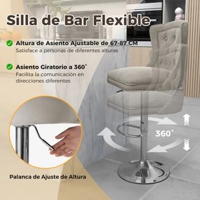 Conjunto de 2 bancos de bar estilo holandês em veludo com apoio para os pés Base metálica giratórios ajustável Cinzentos e prateados