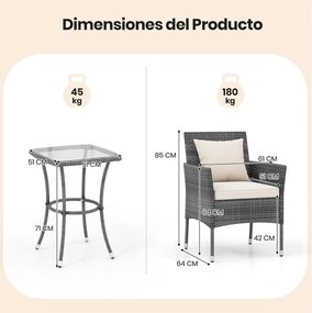 Conjunto de jardim de 3 peças de rattan PE com almofadas e mesa em vidro temperado para varanda, jardim, relvado, pátio cinzento e Bege