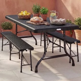 Conjunto de mesa e banco para Campismo Malmö, efeito rattan, preto