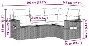 4 pcs conj. sofás jardim c/ almofadões vime PE cinzento-claro