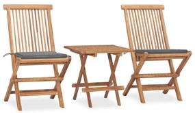 vidaXL 3 pcs conj. jantar dobrável exterior c/ almofadão teca maciça