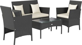 Outsunny Conjunto de Jardim de Vime Sintético com 2 Poltronas 1 Sofá de 2 Lugares 1 Mesa de Centro e Almofadas Preto e Branco | Aosom Portugal