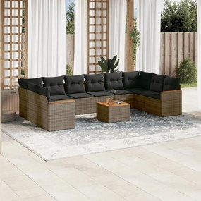 11 pcs conjunto sofás de jardim c/ almofadões vime PE cinzento