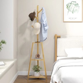 Cabide de pé em madeira de bambu com 8 ganchos e 3 prateleiras, 46 x 46 x 175 cm, cor natural
