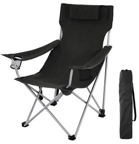 Cadeira de acampamento dobrável SONGMICS, cadeira para áreas externas com apoios de braços, apoio de cabeça e porta-copos, estrutura estável, capacidade máxima de 150 kg, preta GCB09BK