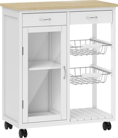 HOMCOM Carrinho de Cozinha com Rodas Ilhote Central de Cozinha com Tampo em Bambu Porta de Vidro 67x35x80 cm Branco | Aosom Portugal