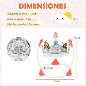 Centro de atividades para bebés com saltador, 6 brinquedos, luzes, música, 3 alturas ajustáveis, mesa giratória 360° para 6+ meses, Laranja