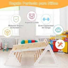 Conjunto de escalada 3 em 1 para crianças 2 escadas triangulares e 1 rampa para deslizar e escalar ponte de madeira multicolorida
