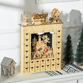 HOMCOM Calendário de Advento com Iluminação LED e 24 Gavetas de Contagem Regressiva Calendário de Advento de Madeira Decoração de Natal 36x9x52 cm Madeira