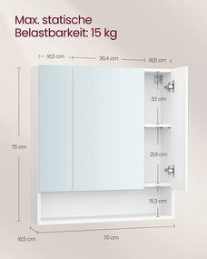 Armário de casa de banho parede com 3 portas 16,5 x 70 x 75 cm branco