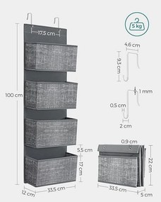 Prateleira organizadora suspensa para guarda roupa com 4 bolsos 33,5 x 12 x 100 cm cinza mesclado