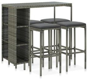 vidaXL 5 pcs conjunto de bar p/ jardim c/ almofadões vime PE cinzento