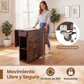 Mesa de jantar extensível 120 x 72 x 75 cm com 2 rodas; mesa de cozinha dobrável com prateleira, gaveta de 2 compartimentos e abas rebatíveis Castanha