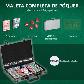 Mala de Póquer com 400 Fichas 2 Baralhos 5 Dados Tapete e Botão Dealer 39,5x28x8 cm Cinza