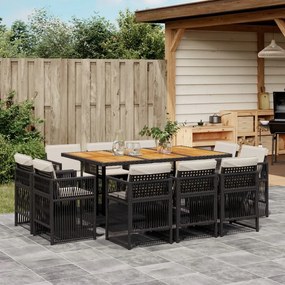 11 pcs conjunto de jantar p/ jardim c/ almofadões vime PE preto