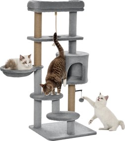 PawHut Arranhador Gatos Plataforma Caverna Rede Postes Juta Corda Bola Suspensa 48x48x120 cm Cinza Resistente Confortável | Aosom Portugal