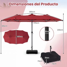 Guarda-sol Duplo Retangular de Exterior com base, 370 x 200 cm, 108 Luzes LED, Vermelho vinho