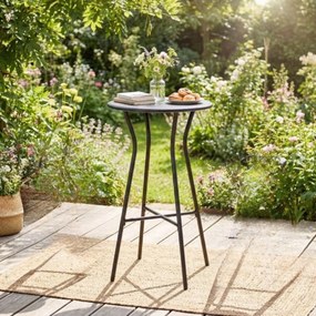 Mesa de bar alta redonda com apoio para os pés em forma de X, Estrutura metálica para interior e exterior, 55,5 x 55,5 x 93 cm, preta