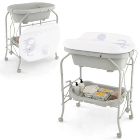 Fraldário para bebés com banheira portátil Almofada dobrável em PVC Bandeja de arrumação com 4 rodas universais Cinzento claro