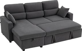 Sofá de canto convertível 205 x 135 x 76 cm em veludo canelado, sofá-cama de 3 lugares com arrumação oculta, almofadas, cinzento