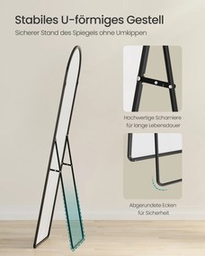 Espelho pé de corpo inteiro com 150 x 40 cm e moldura arqueada em vidro temperado preto