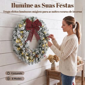 Coroa de Natal para Porta com Efeito Nevado, 50 Luzes LED, Pinhas, Bagas e Laço Festivo para Lareira, Parede ou Janela
