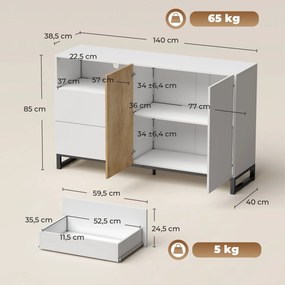 Aparador de sala 140 (L) x 40 (P) x 85 (A) cm, móvel de arrumação com 2 portas com fecho suave, 2 gavetas e prateleira ajustável, branco e cor carvalh