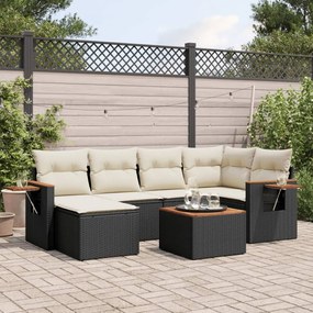 7 pcs conjunto de sofás p/ jardim c/ almofadões vime PE preto