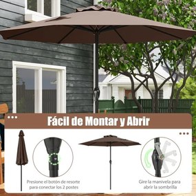 Guarda-sol 260 x 260 x 225 cm com alça giratória 8 varas Parte superior ventilada Proteção solar Café