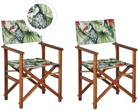 Conjunto de cadeiras de jardim madeira escura e 2 lonas creme e padrão tucano CINE Beliani