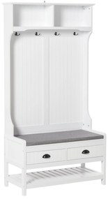 HOMCOM Cabide Sapateira com banco 4 ganchos 2 compartimentos abertos 2 gavetas removíveis e prateleira inferior moderna para corredor entrada 87x42x172 cm Branco