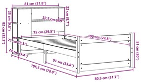Cama com estante sem colchão 75x190 cm pinho maciço
