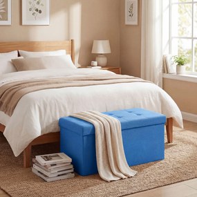 Puff de Armazenamento Banco de Armazenamento Dobrável 84 L 76x38x38 cm Estofado em Linho Sintético Azul Claro