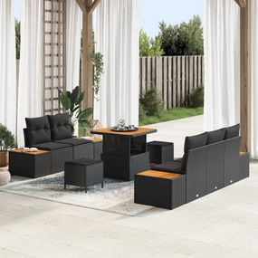 Conjunto de Sofás de Jardim de 8 Peças com Almofadas Preto Rattan Poli