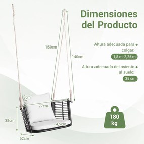 Baloiço jardim de metal para 1 pessoa com encosto em rattan tecido 2 cordas suspensas Almofadas de assento branco