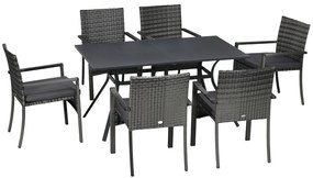 Outsunny Conjunto de Refeição de Jardim em Vime Sintético Conjunto de 7 Peças Inclui 6 Cadeiras com Almofadas e Mesa de Metal Cinza