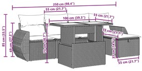 6 pcs conjunto de sofás p/ jardim com almofadões vime PE bege