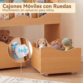 Móvel de Arrumação Infantil com Estante e Gavetas, 82 x 30 x 76 cm, 3 Prateleiras Abertas, Natural