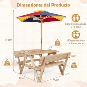 Mesa de piquenique infantil com 2 bancos integrados, guarda-sol removível e encosto em madeira de abeto, para crianças dos 3 aos 8 anos – praia, jardi